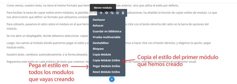 pegar formato a los modulos de texto divi