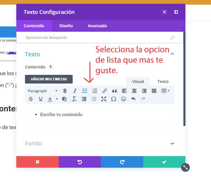 crear una lista en tu articulo del blog con el modulo de texto divi